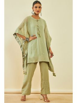 Soch - Womens Sap Green Georgette Embroidered Kaftan Suit with Sequins (Set of 3)