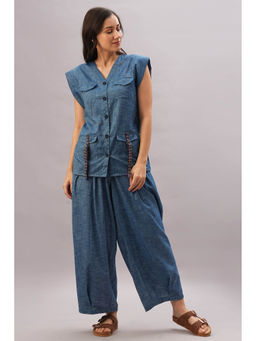 Tuna London - Denim Cap Sleeves Top with Loose Pants Stylish Cotton Ensemble Co-Ord (Set of 2)