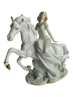 Sun Mun Decors - Lady Riding White Horse, Victorian Porcelain Princess Showpiece