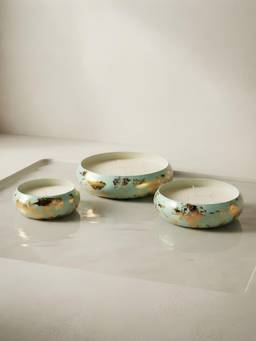 The Home Co - Mint & Gold Leaf Decorative Urli with Wax Candle Set of 3
