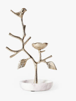 CASA DECOR - Silver Aluminium Bird Tree Jewellery Stand with Marble Bowl Base