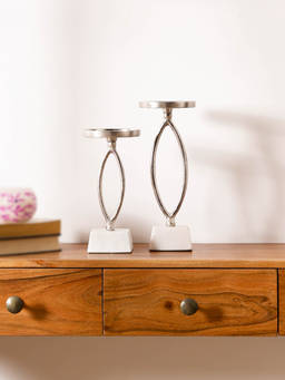 CASA DECOR - Gold Pillar Candle Holder Set of 2 with White Marble Base