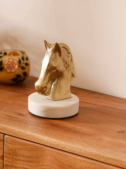 CASA DECOR - Gold Aluminium Horse Head Figurine with White Marble Base