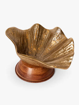 CASA DECOR - Silver Aluminium Decorative Bowl with Wooden Pedestal Base