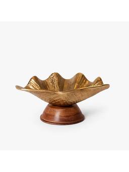 CASA DECOR - Gold Aluminium Decorative Bowl with Wooden Pedestal Base