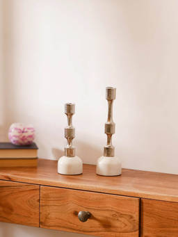 CASA DECOR - Gold Candle Holder Set of 2 with White Marble Base for Tabletop