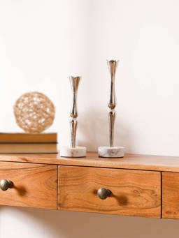 CASA DECOR - Silver Candle Holder Set of 2 with White Marble Base for Tabletop