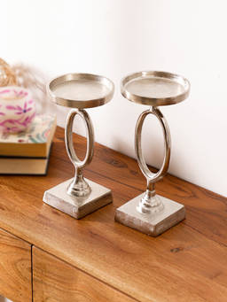 CASA DECOR - Silver Pillar Candle Holder Set of 2 for Tabletop and Dining Table