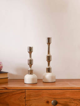CASA DECOR - Silver Candle Holder Set of 2 with White Marble Base for Tabletop