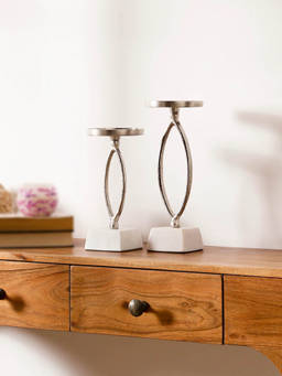 CASA DECOR - Silver Pillar Candle Holder Set of 2 with White Marble Base