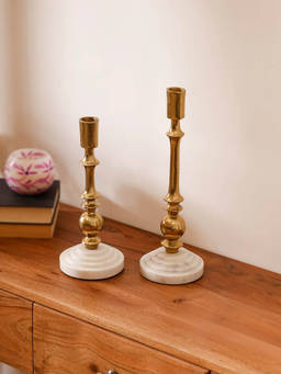 CASA DECOR - Gold Candle Holder Set of 2 with White Marble Base for Tabletop