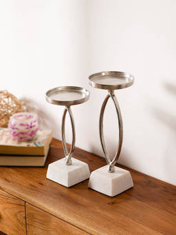 CASA DECOR - Silver Candle Holder Set of 2 with Silver Marble Base for Tabletop