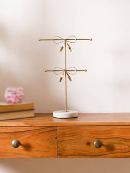 CASA DECOR - Gold Two-Tier Jewellery Stand with Bow Design and Marble Base
