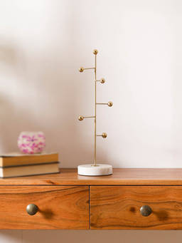 CASA DECOR - Gold Jewellery Stand with White Marble Base for Vanity