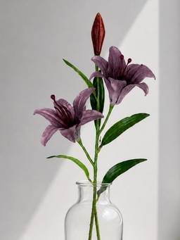 Aarvi Decor - Silk Artificial 2 lily & 1 Bud Flower Stem with Realistic Leaves Purple