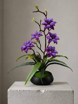 Aarvi Decor - Silk Artificial Magnolia Flower with Leaves ceramic Pot Purple