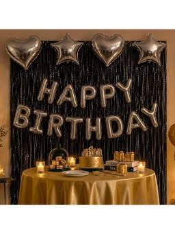 Special You - Black Silver Birthday Decoration Kit with Fringe Curtain & Foil Balloons, 8 Pieces