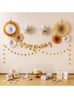 Special You - Gold Paper Fans Birthday Decoration Kit with Banner & Star Balloons, 11 Pieces