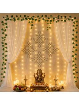 Special You - Ganesh Decoration Setup with White Backdrop, Kolam Sticker & Green Vines, 10 Pieces