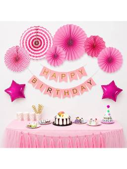 Special You - Pink Paper Fans Birthday Decoration Kit with Star Balloons & Banner, 10 Pieces
