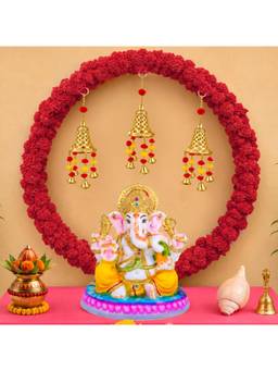 Special You - Ganpati Decoration Setup with Round Stand, Marigold Garlands & Bell Latkans