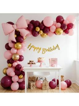 Special You - Pink Bow Birthday Decoration Kit with Burgundy & Gold Chrome Balloons, 49 Pieces
