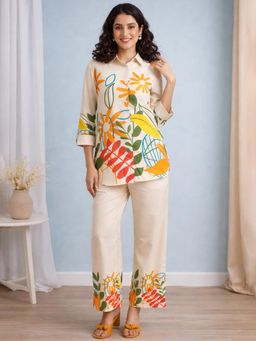 Gahan - Women Cream Digital Printed Cotton Blend Co-Ord Set