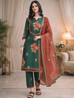 Gahan - Women Green Floral Printed Cotton Blend Kurta with Trousers & Dupatta
