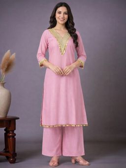 Gahan - Women Light Pink Solid A-Line Mirror Yoke with Coin lace detailing Kurta with Palazzo