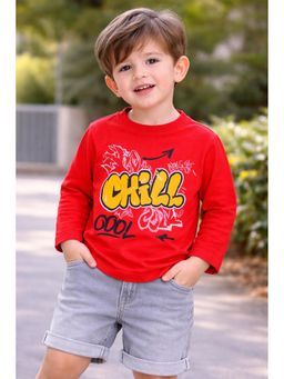 Googo Gaaga - Boys Full Sleeves Cotton Typography Red T-Shirt