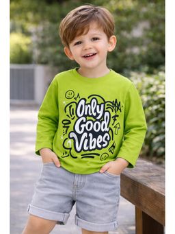 Googo Gaaga - Boys Full Sleeves Cotton Typography Green T-Shirt