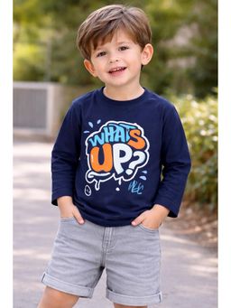 Googo Gaaga - Boys Full Sleeves Cotton Typography Navy Blue T-Shirt