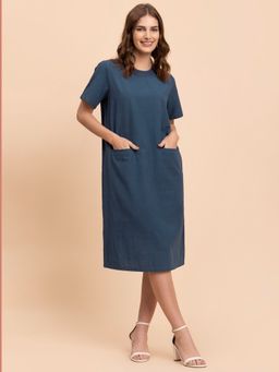 FableStreet - Linen Round Neck Shift Dress - Burnt Blue