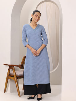 Libas - Blue Printed Cotton Straight Kurtas for Women