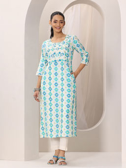 Libas - Blue Printed Silk Blend Straight Kurtas for Women