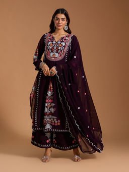 Gahan - Georgette Heavy Embroidered Mirror Work Wine Kurta and Palazzo with Dupatta (Set of 3)