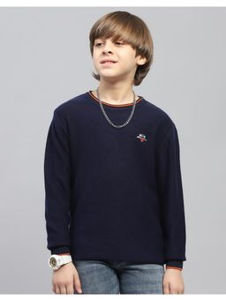 Monte Carlo - Boys Solid Navy Blue Round Neck Full Sleeve Sweater