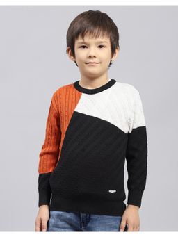 Monte Carlo - Boys Colorblock Rust and Black Round Neck Full Sleeve Sweater