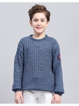 Monte Carlo - Boys Self Design Blue Round Neck Full Sleeve Sweater