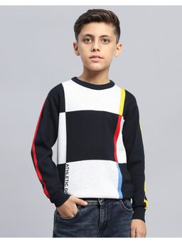Monte Carlo - Boys Colorblock Navy Blue Round Neck Full Sleeve Sweater
