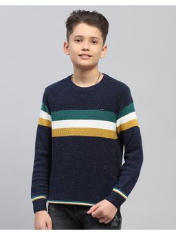 Monte Carlo - Boys Stripes Navy Blue Round Neck Full Sleeve Sweater