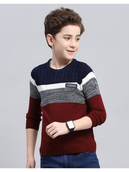 Monte Carlo - Boys Stripes Navy and Maroon Round Neck Full Sleeve Sweater