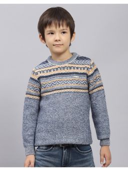 Monte Carlo - Boys Self Design Navy Blue Round Neck Full Sleeve Sweater