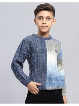 Monte Carlo - Boys Self Design Navy Blue Round Neck Full Sleeve Sweater