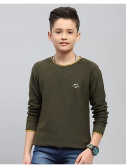 Monte Carlo - Boys Self Design Olive Round Neck Full Sleeve Sweater