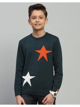 Monte Carlo - Boys Dark Green Self Design Round Neck Full Sleeve Sweater