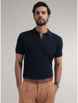 Andamen - Navy Blue Self Design Relaxed Fit Polo T-Shirt