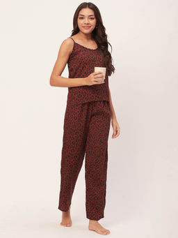 Moomaya - Sleepwear Spaghetti Strap Top Pajama - Brown (Set of 2)