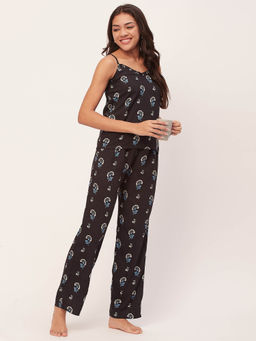 Moomaya - Sleepwear Spaghetti Strap Top Pajama - Black (Set of 2)