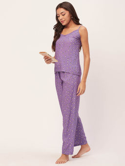 Moomaya - Sleepwear Spaghetti Strap Top Pajama - Purple (Set of 2)